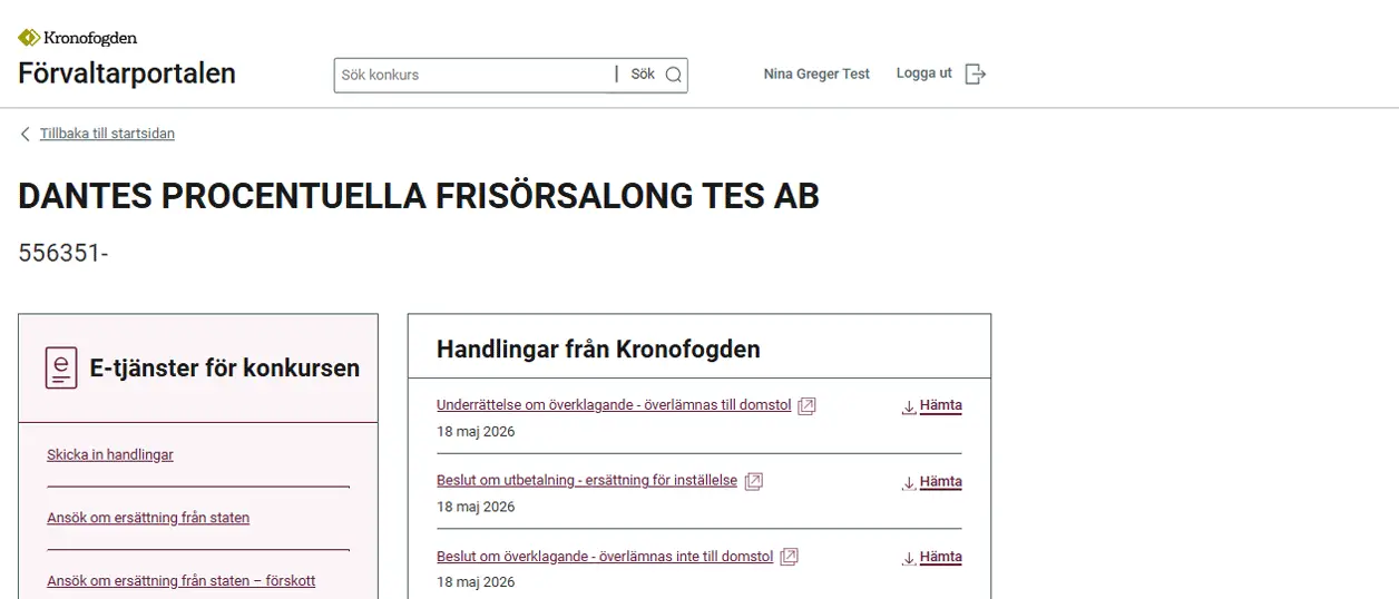 Den första juli lanseras den nya Förvaltarportalen. Så här kan det se ut när en konkursförvaltare loggar in. 