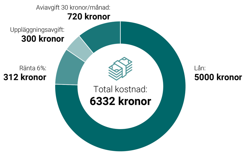 Lån: 5000 kronor. Ränta 6 %: 312 kronor. Uppläggningsavgift: 300 kronor. Aviavgift 30 kronor/månad:720 kronor. Total kostnad:6332 kronor.