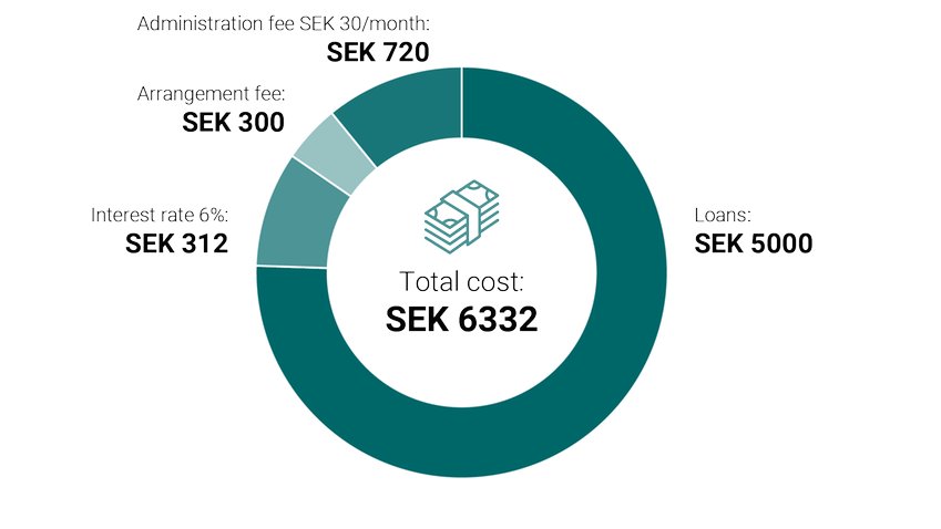 Lån: 5000 kronor. Ränta 6 %: 312 kronor. Uppläggningsavgift: 300 kronor. Aviavgift 30 kronor/månad:720 kronor. Total kostnad:6332 kronor.