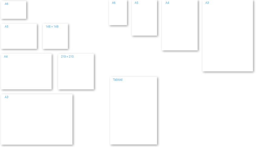 Pappersformat. Från A6 till A3 samt tabloid.