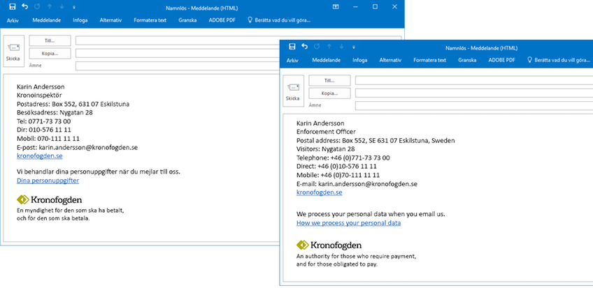 Två mailfönster med svensk och engelsk e-post signatur.