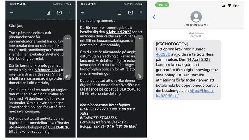 Exempel på hur ett falskt mejl och ett sms kan se ut.