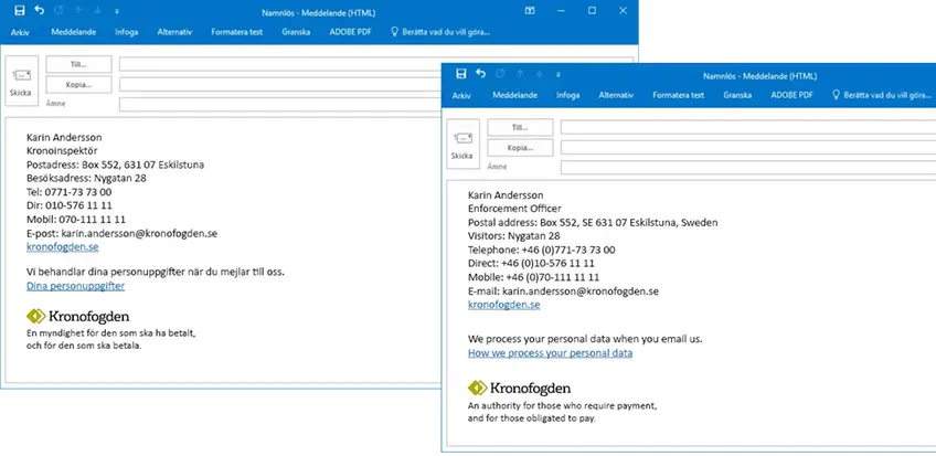 Två mailfönster med svensk och engelsk e-post signatur.